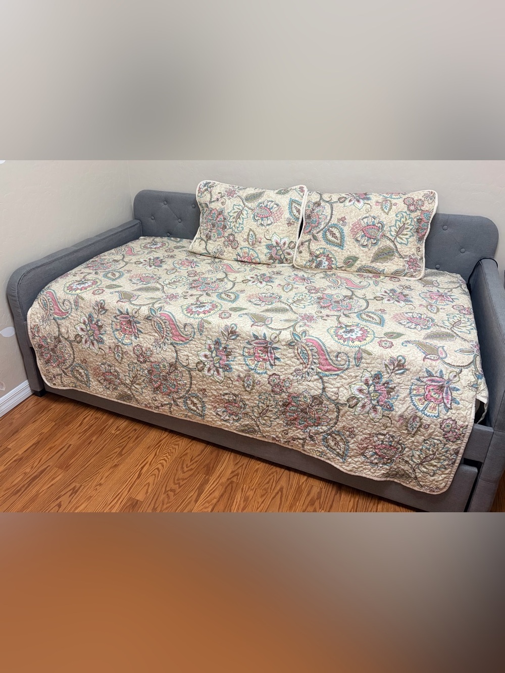 Quilted Daybed Cover Set - Cream with Pink & Teal Floral Paisley